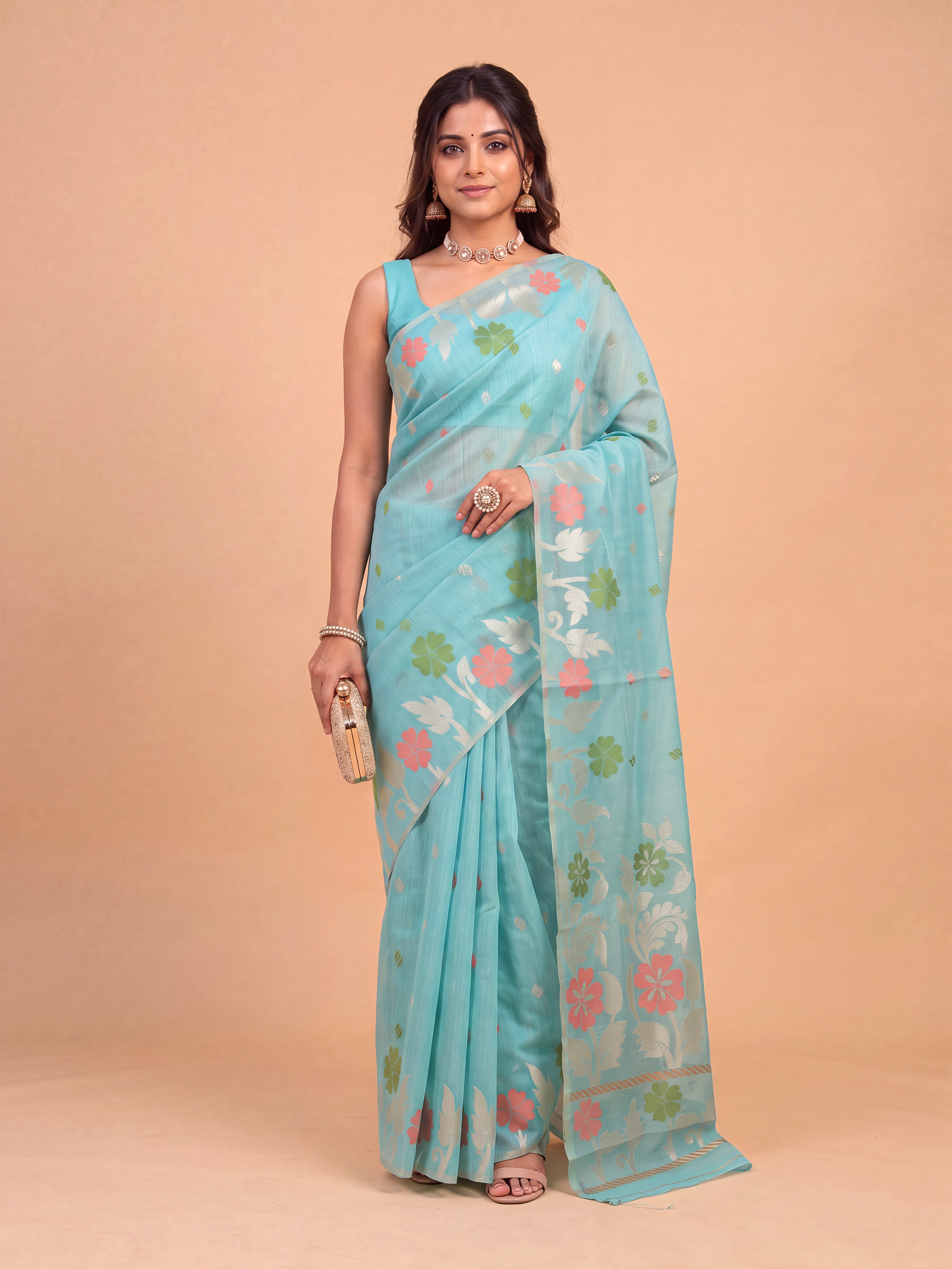 Women Aqua Blue Spun Poly Printed Saree SP10