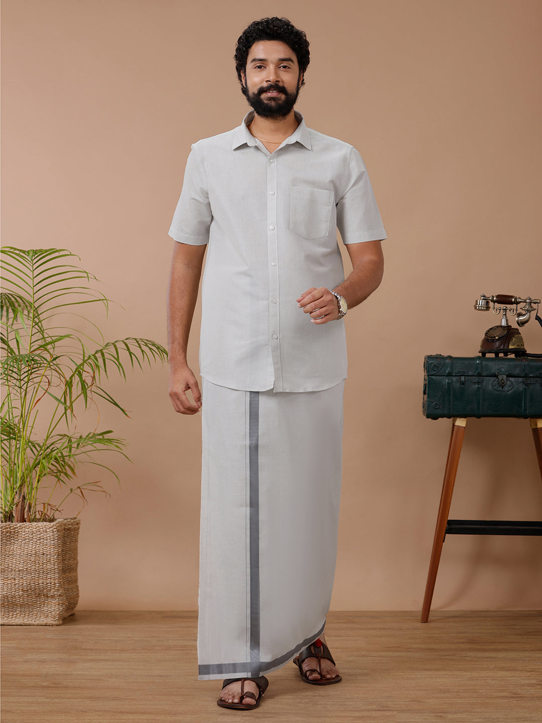 Men Tissue Dhoti & Half Sleeves Shirt Set Licorice