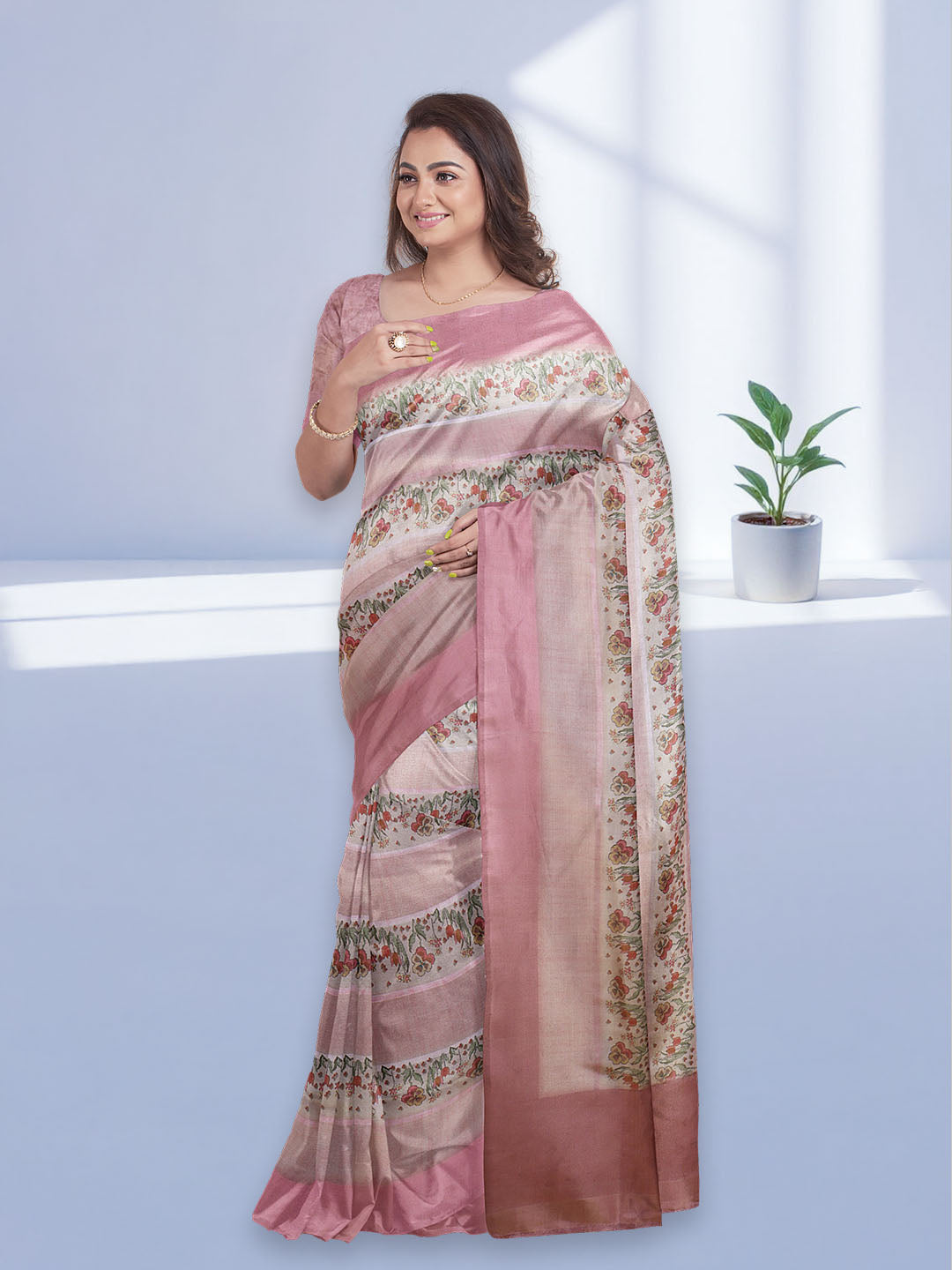 Women Pink Semi Tussar Printed Saree ST284