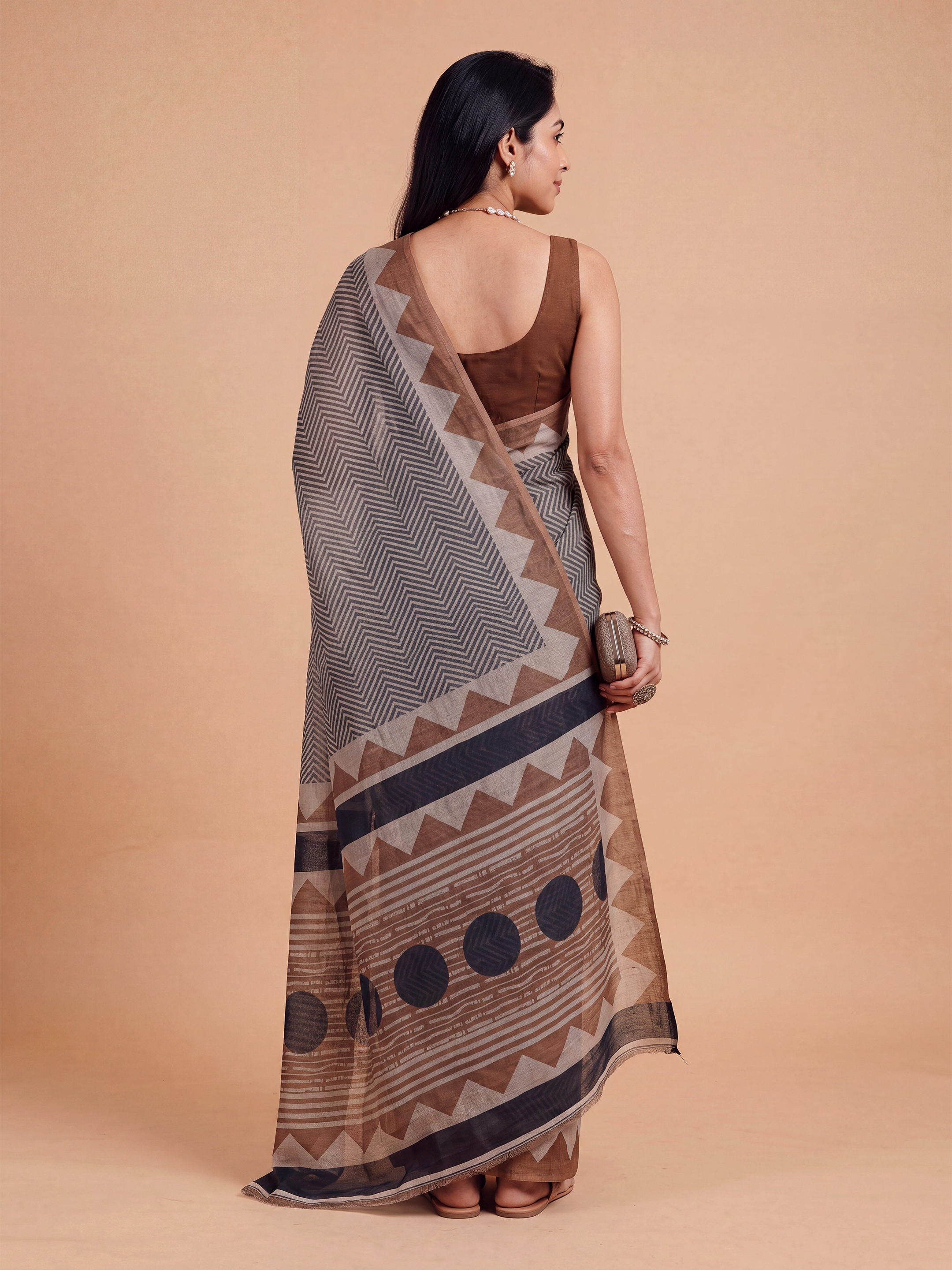 Women Linen Printed Green with Brown Saree SL257