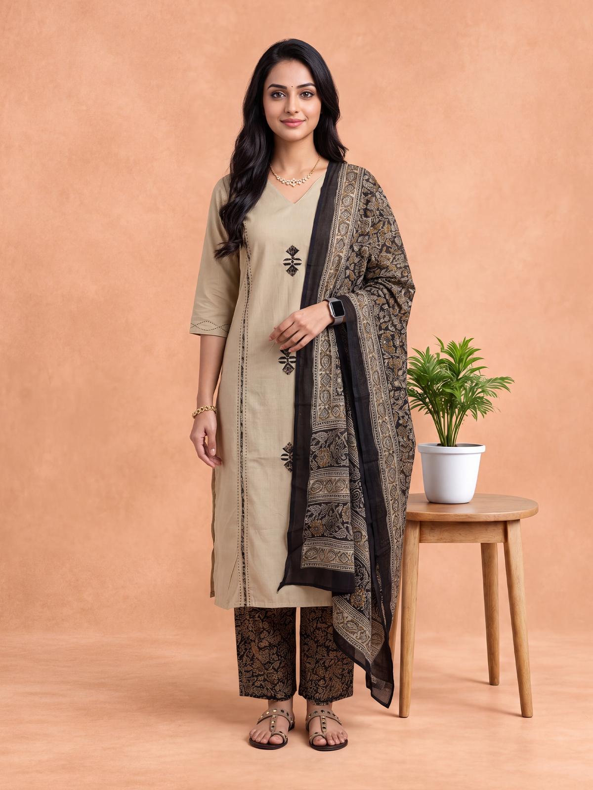 Women Floral Printed Beige Kurti Set EKS157