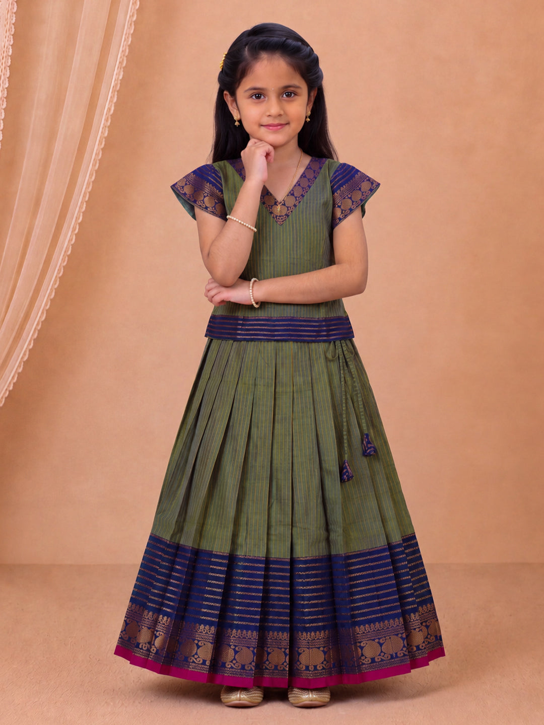 Girls Cotton Green with Blue Pattu Pavadai Set GPS54