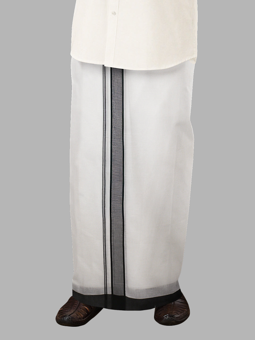 Men Black Fancy Border Double Layer White Dhoti RP2