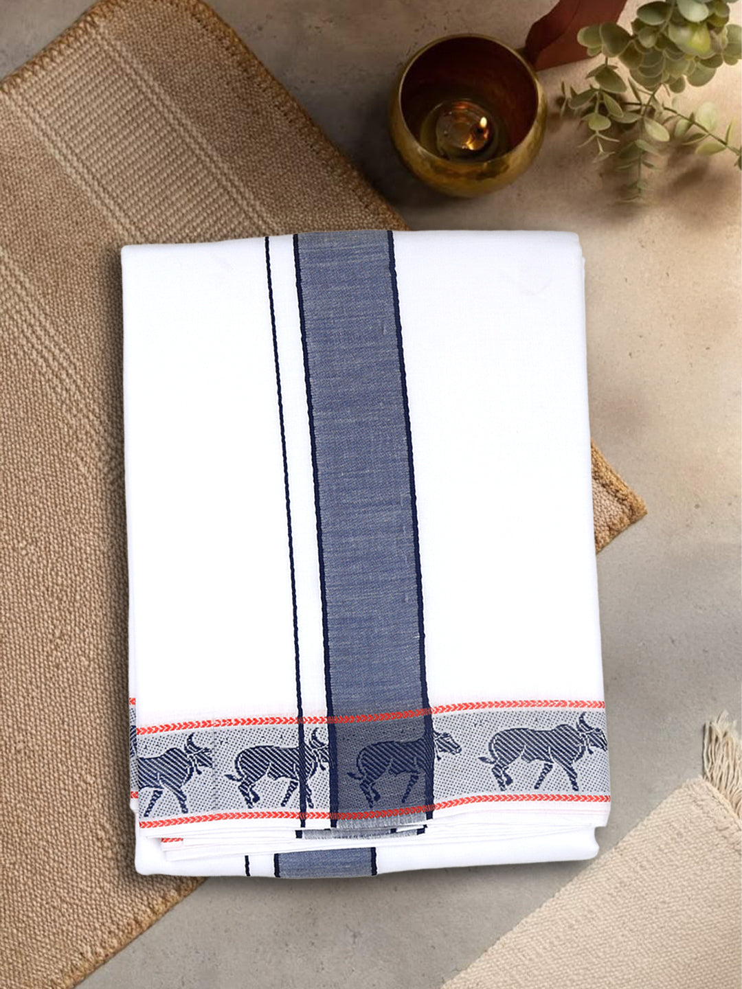 Men Cotton Navy Fancy Border Panchakacham with Angavasthram Srirasthu(9+5) SR41
