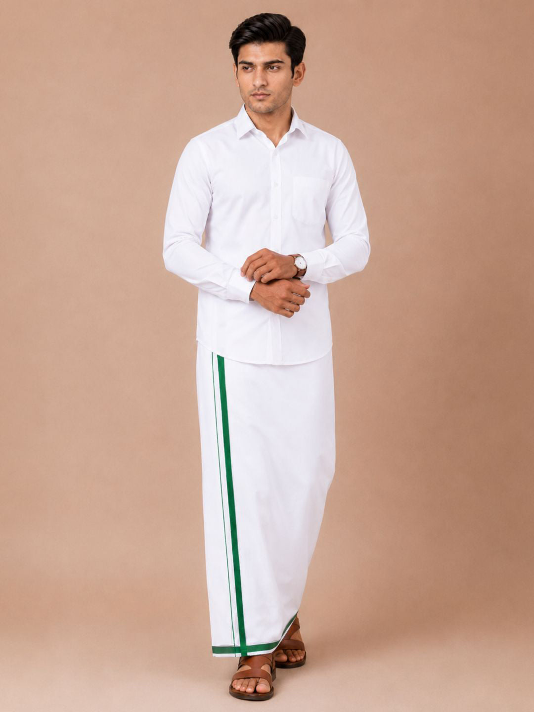 Double Layer 100% Cotton White Dhoti with Big Border - Wisdom WB02