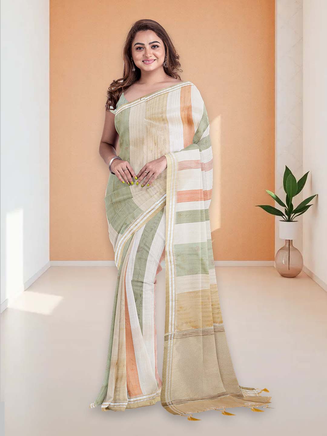 Women Golden Semi Tussar Saree ST301
