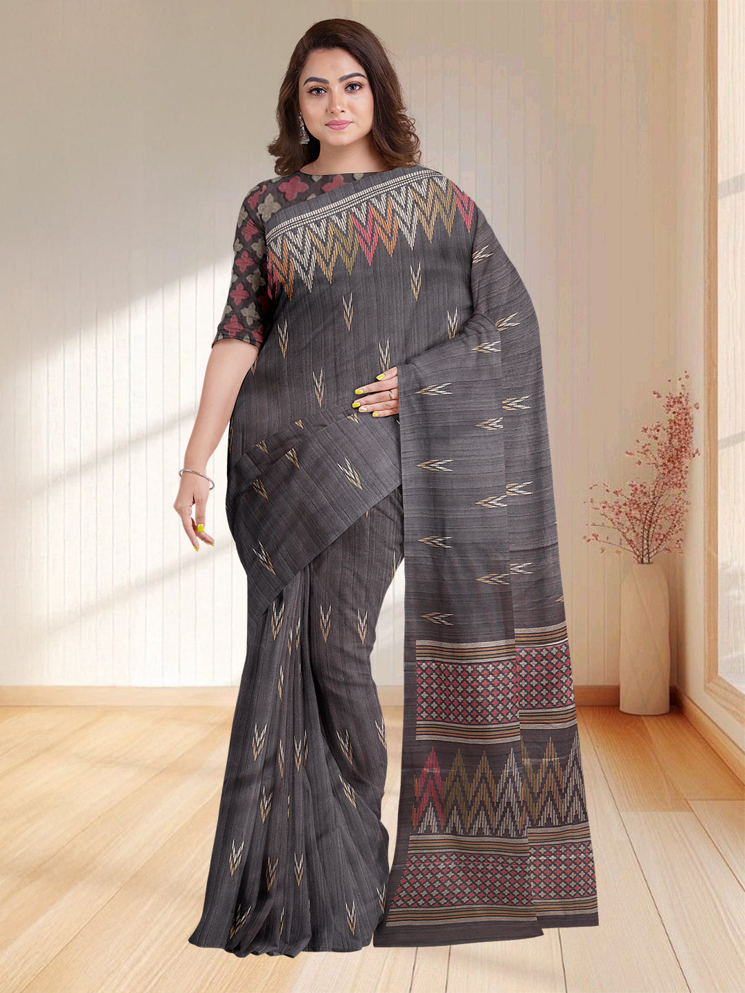 Women Dark Grey Semi Tussar Printed Saree ST264