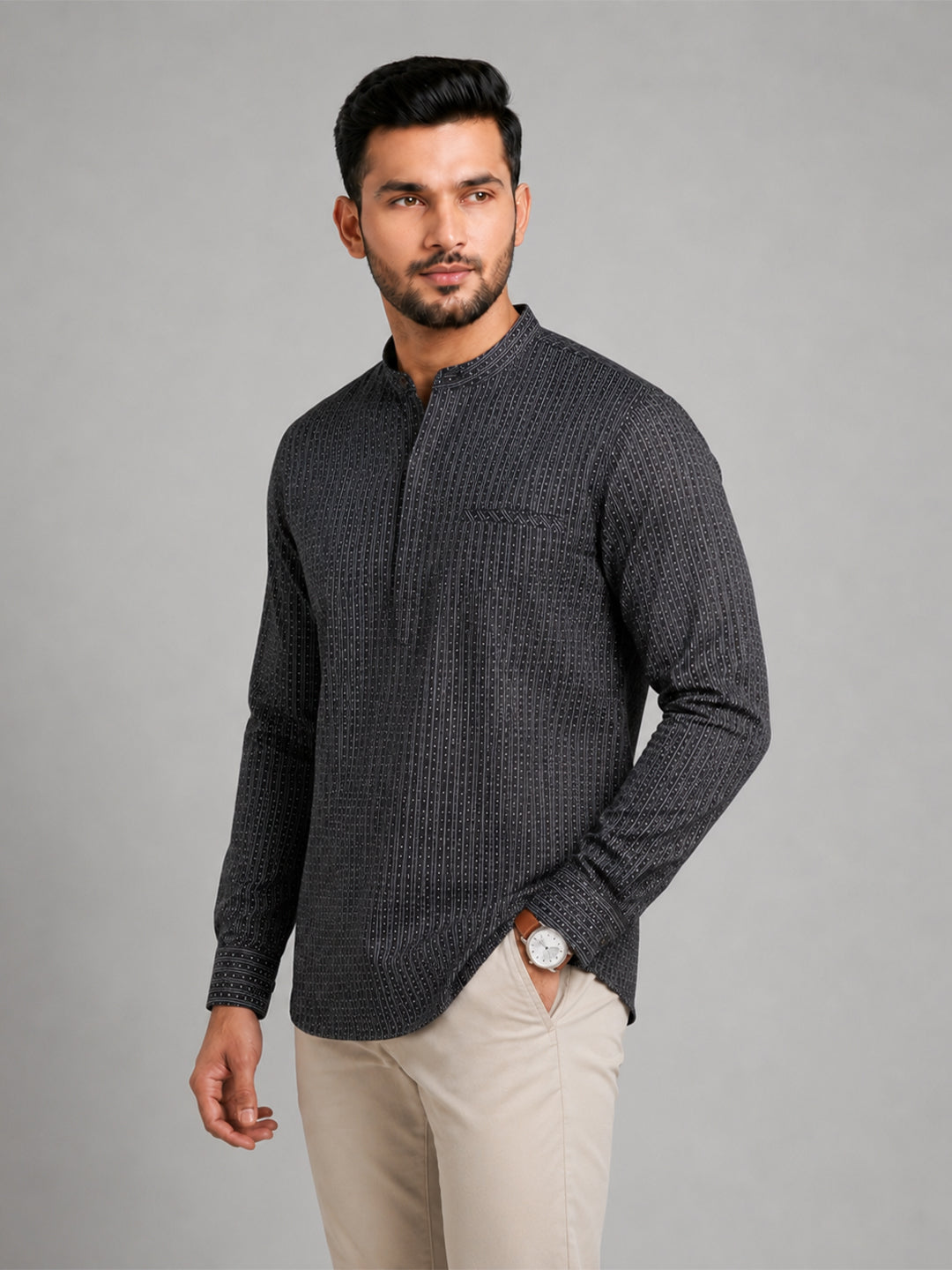 Cotton Short Length Stripes Pocket Kurta Black RJ31