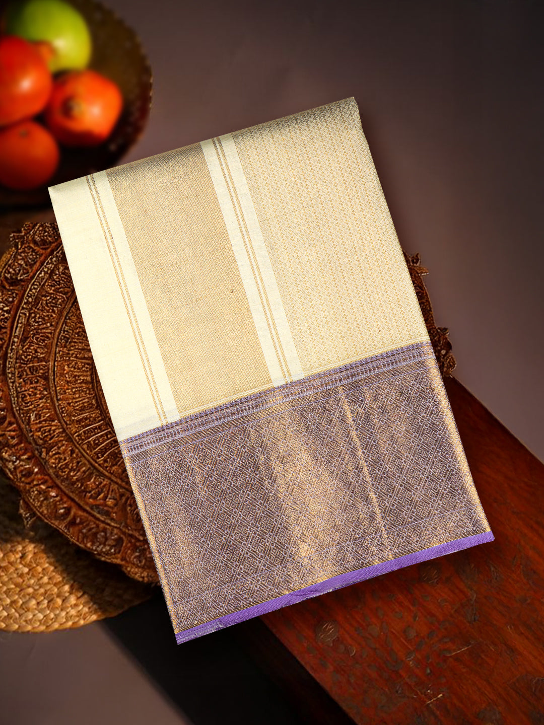 Men Premium Pure Silk Dhoti & Towel Set with 6" inch Gold Jari Border Amirtham AM9