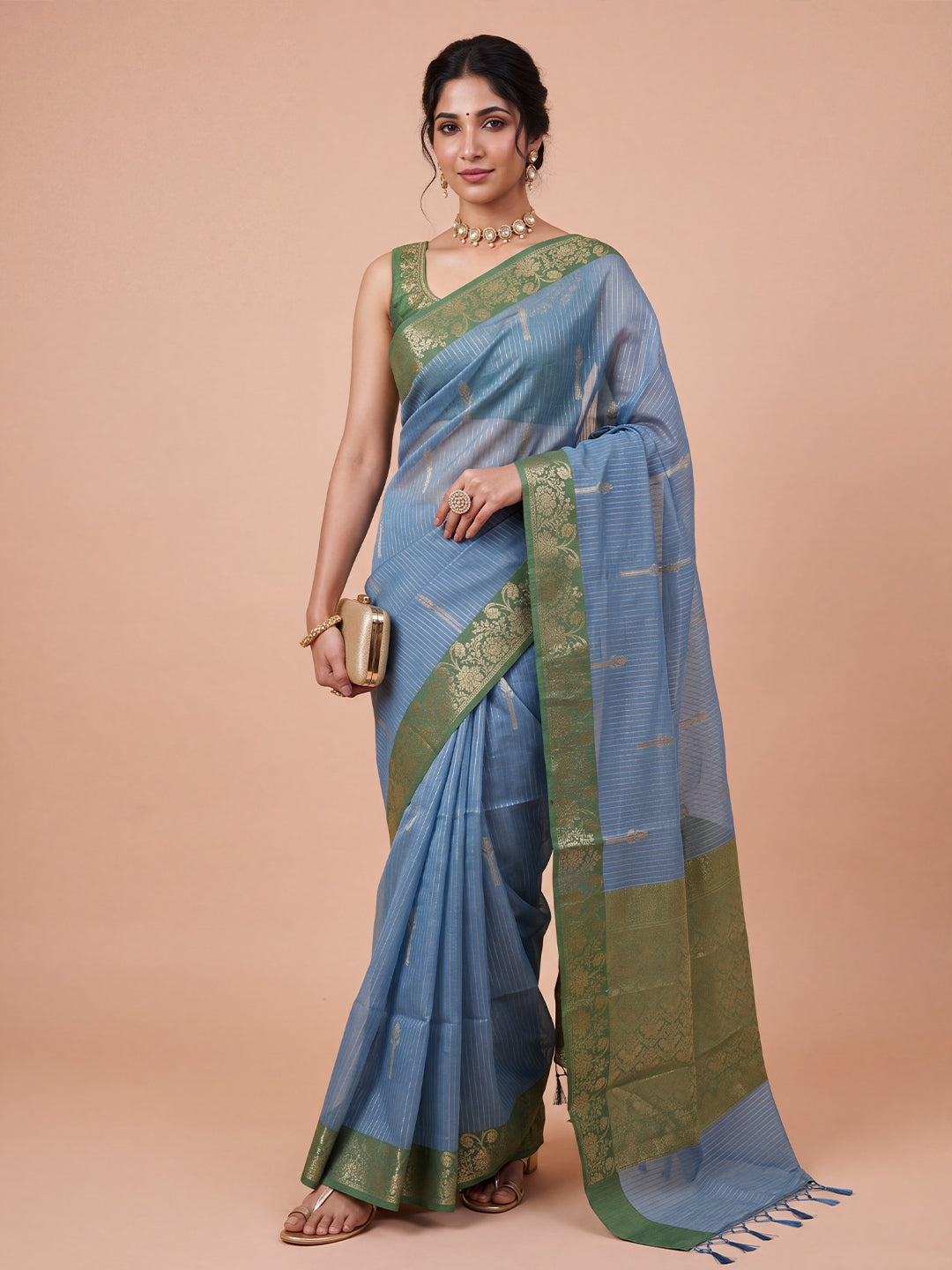 Women Blue with Green Fancy Jaquard Saree FS04