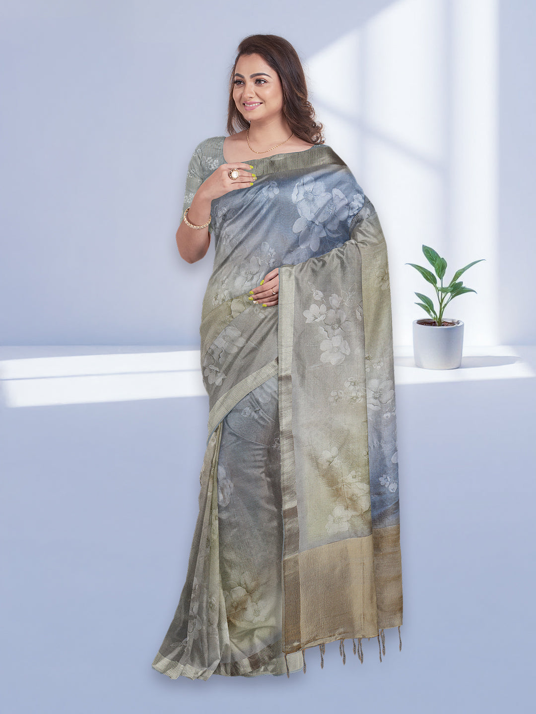Women Blue with Gold Tissue Saree TS53