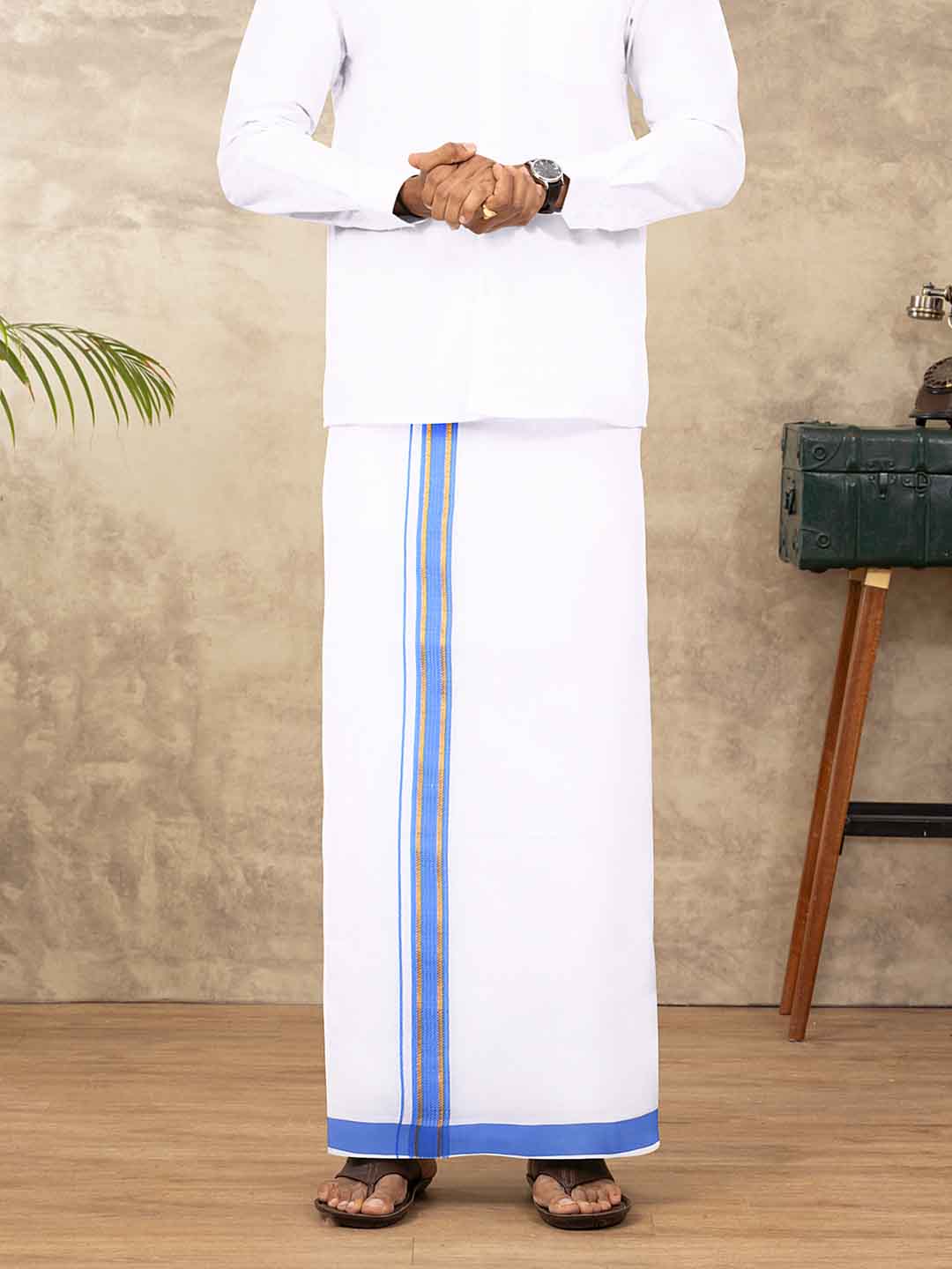 Men Cotton Blend Double Layer White Dhoti with Fancy Jari Border TGJF02