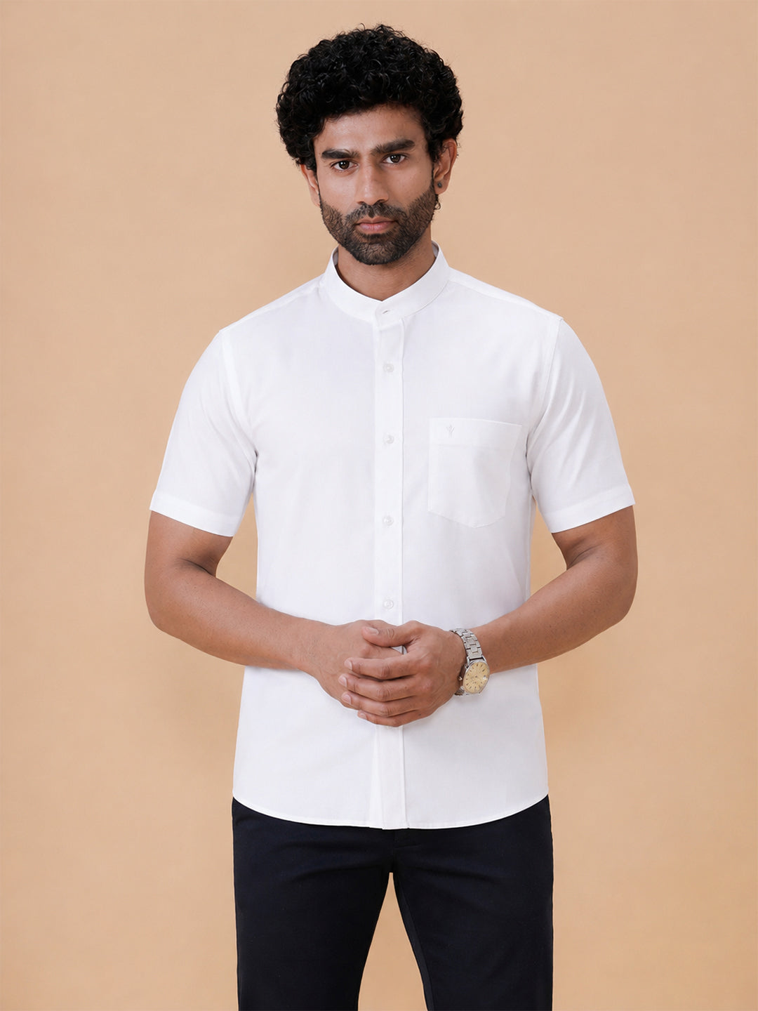 Chinese Collar Cotton White Shirt – Aura | Smart Fit