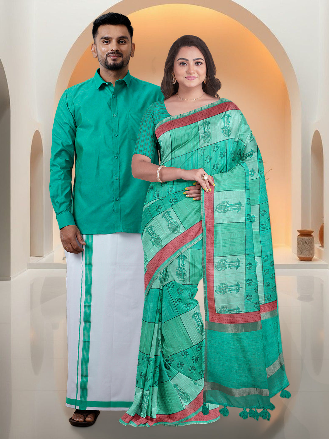 Couple Combo Shirt & Dhoti Set with Saree Green ST297