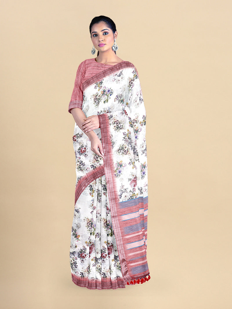 Womens Semi Cotton White & Pink Colour Flower Printed Saree CPS34
