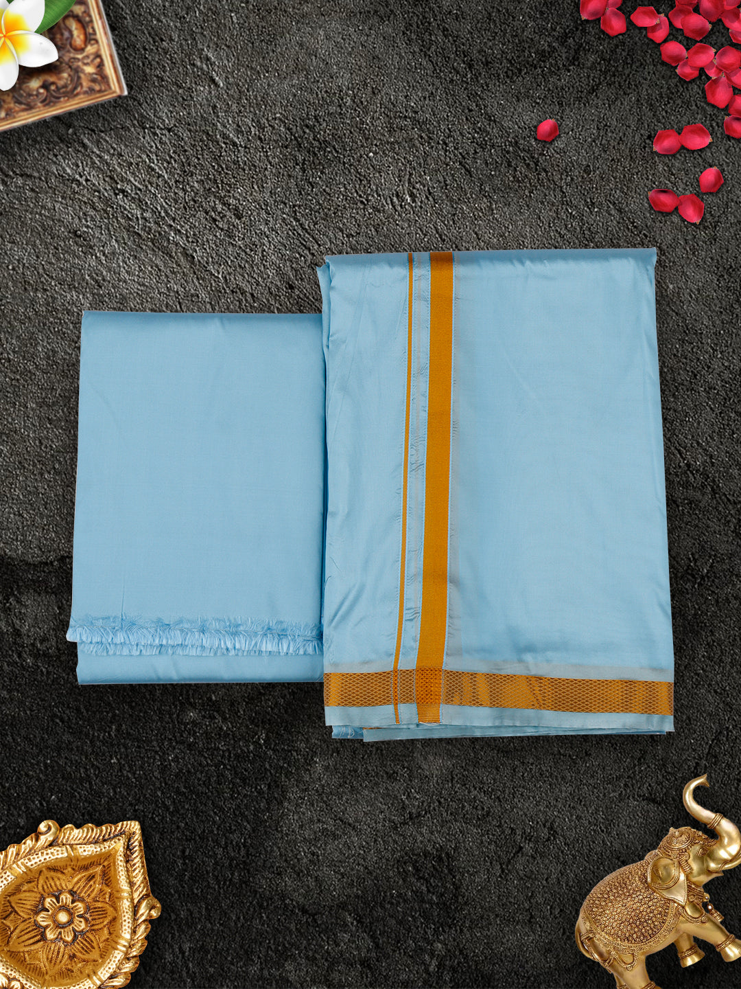 Mens Premium Art Silk Sky Blue Shirting & Gold Jari Border Panchakacham Set 9+5 Ashirwath