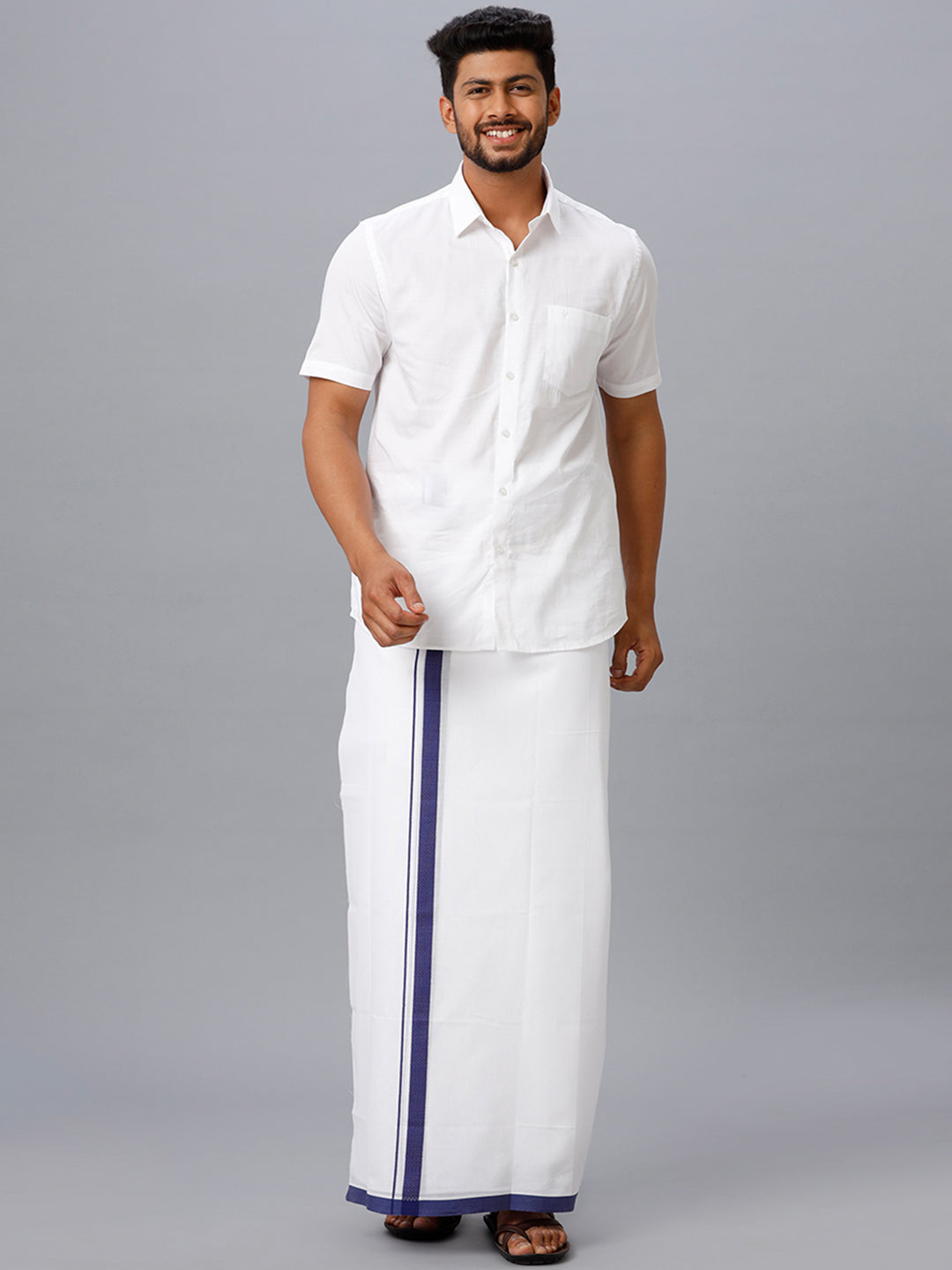 Mens Cotton White Double Dhoti with Navy Border Anchor Fancy-Full view