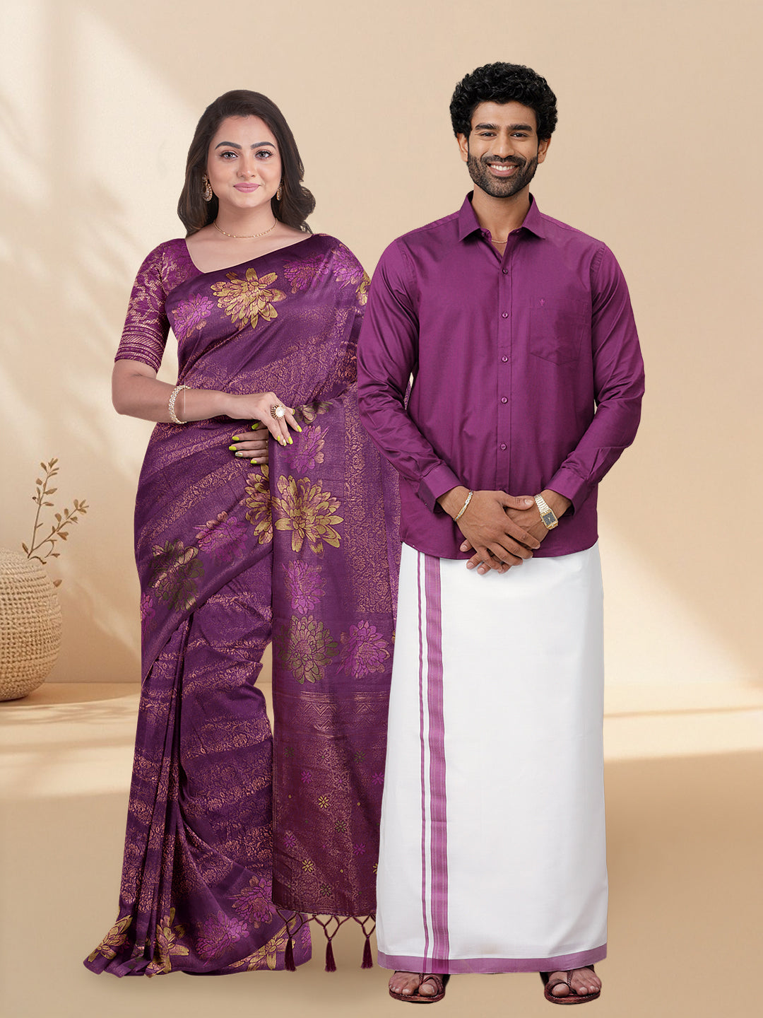 Couple Combo Shirt & Dhoti Set with Saree Violet SS369