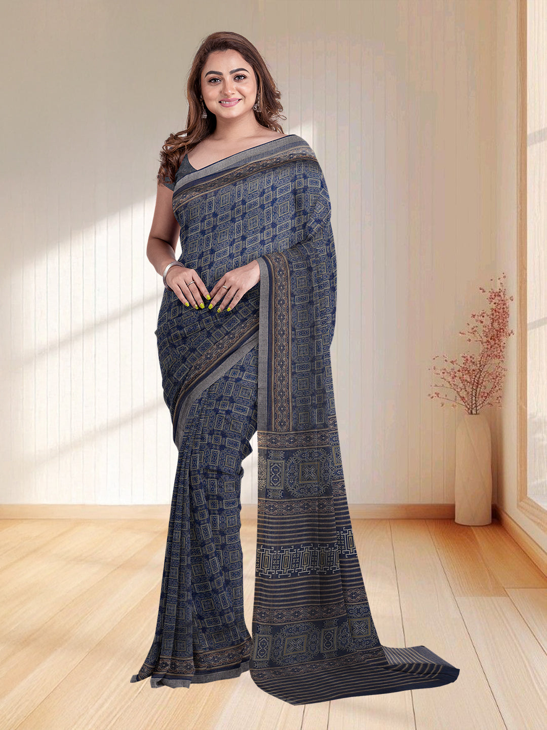 Women Blue Semi Chanderi Cotton Printed Saree SC60