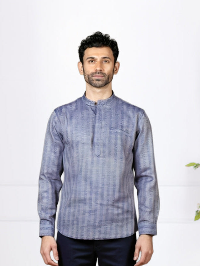 Men Cotton Short Length Self Design Pocket Kurta Blue Embriod RJ51