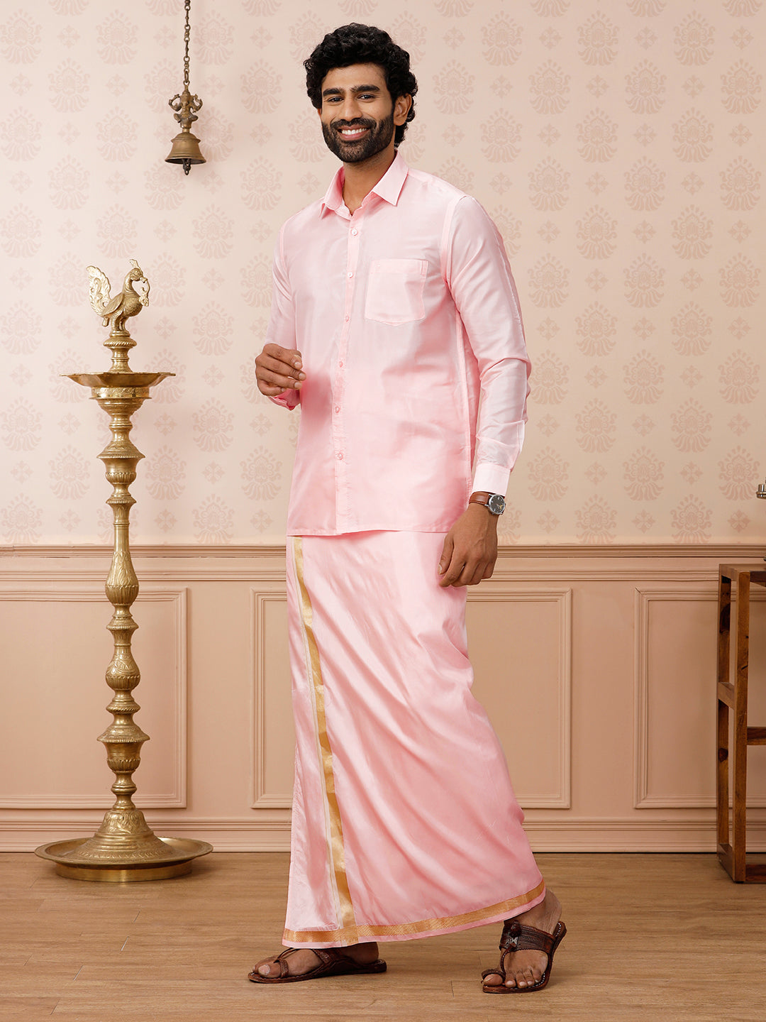 Men Art Silk Petal Pink Shirt & Dhoti Set Swayamvara