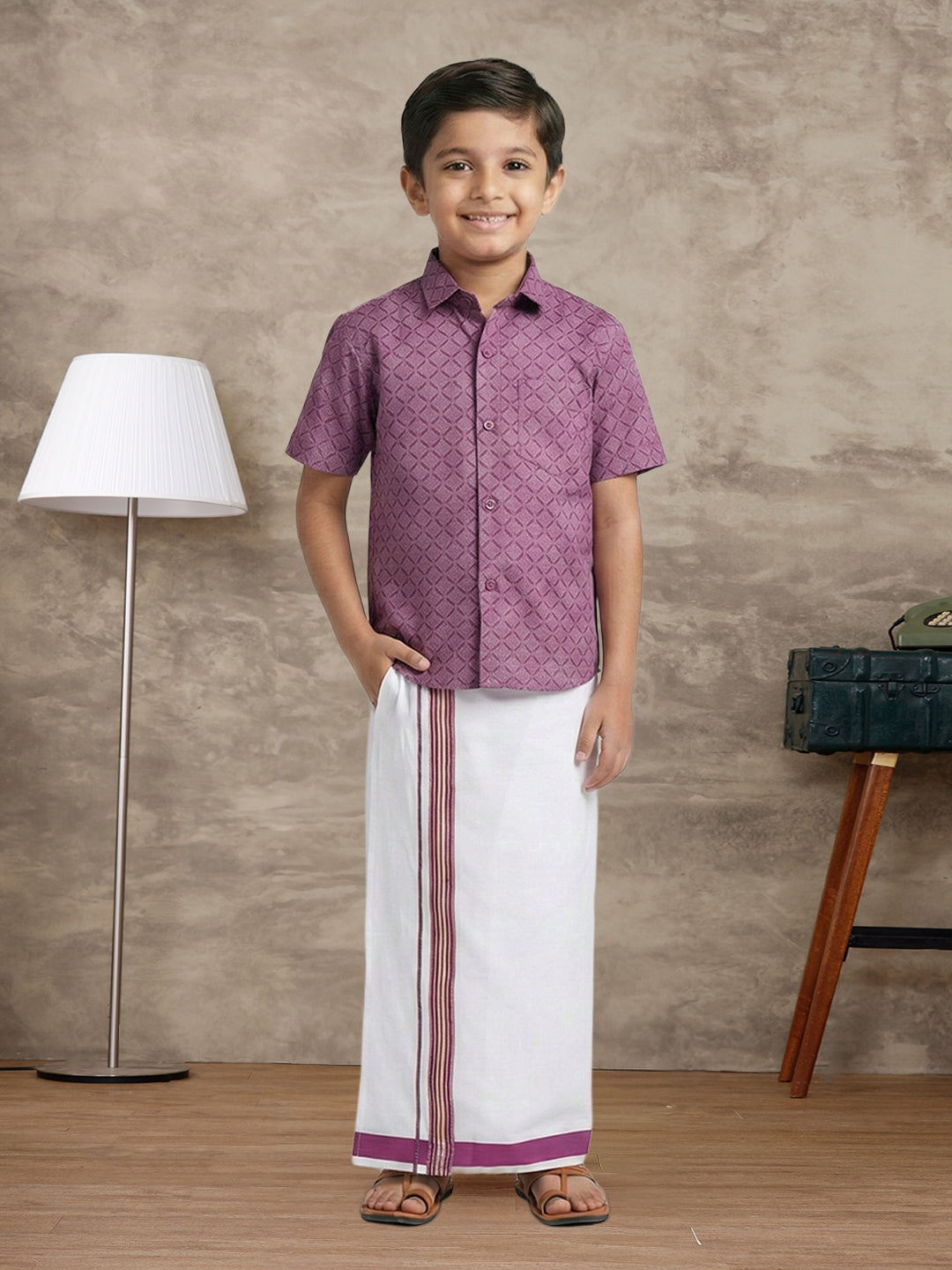 Like Father Like Son Matching Border Dhoti with Printed Shirt Combo Set Dark Magenta PS28