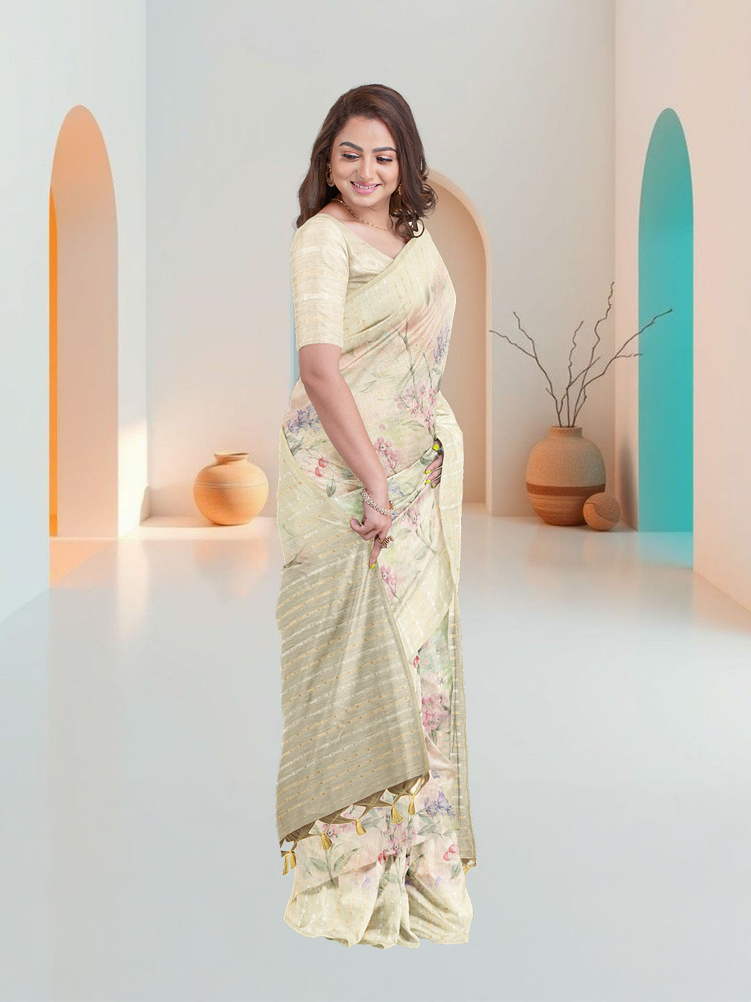 Women Light Yellow Tissue Saree TS43