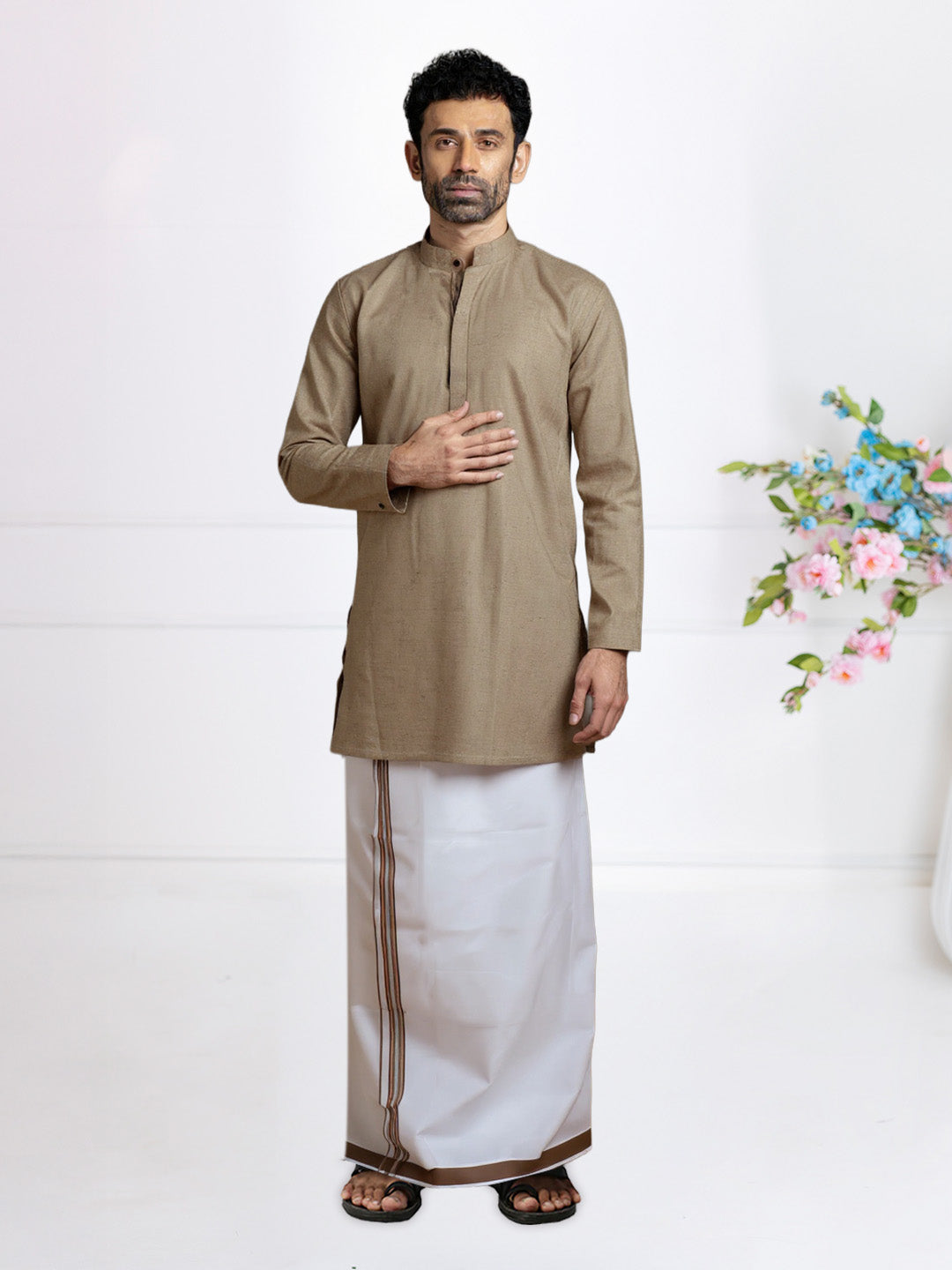 Men Sandal Beige Medium Length Kurta with Matching Border Dhoti Set PC1