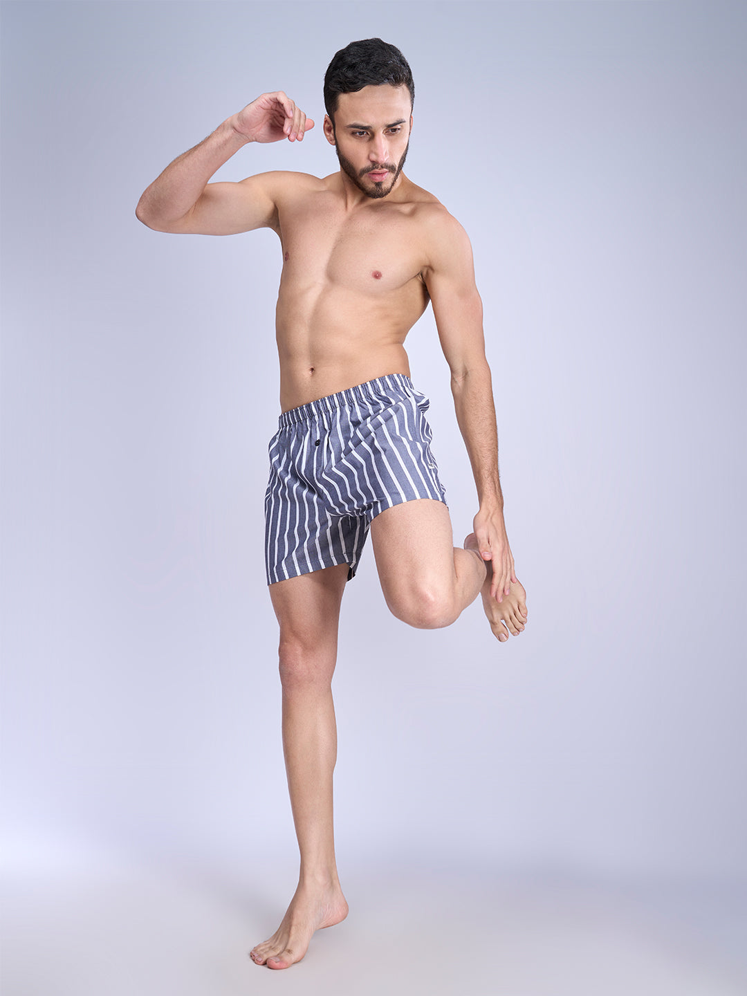 Mens Woven Inner Boxer White Grey Stripe Shorts