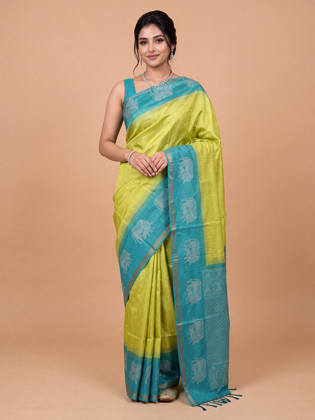 Women Semi Raw Silk Charteuse Yellow with Teal Blue Fancy Printed Saree SRS128