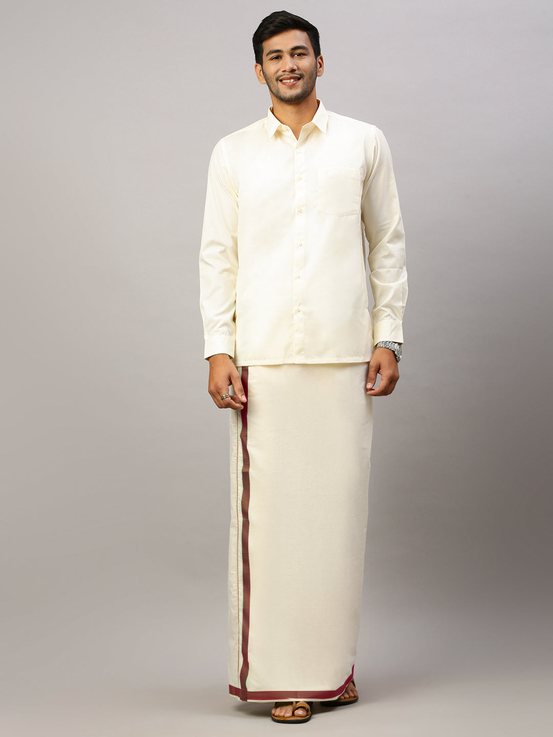 Men Maroon Fancy Jari Border Double Layer Dhoti Lark SPL LS08