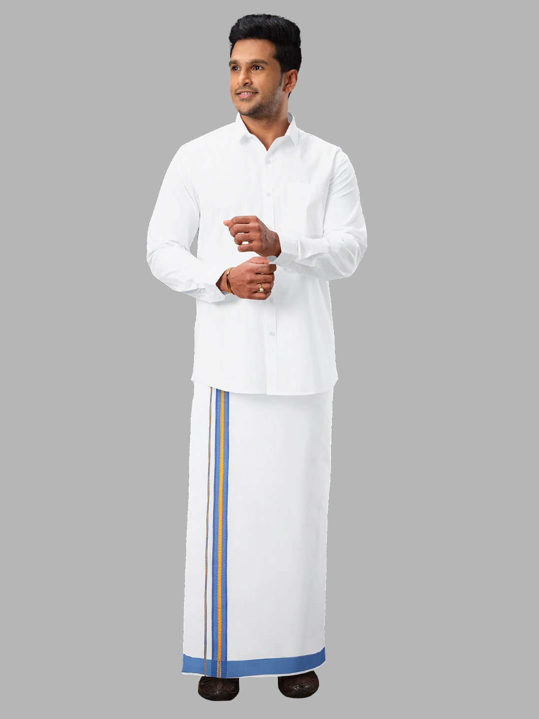 Men Blue Adjustable Pocket Dhoti with Fancy Border GACJ10