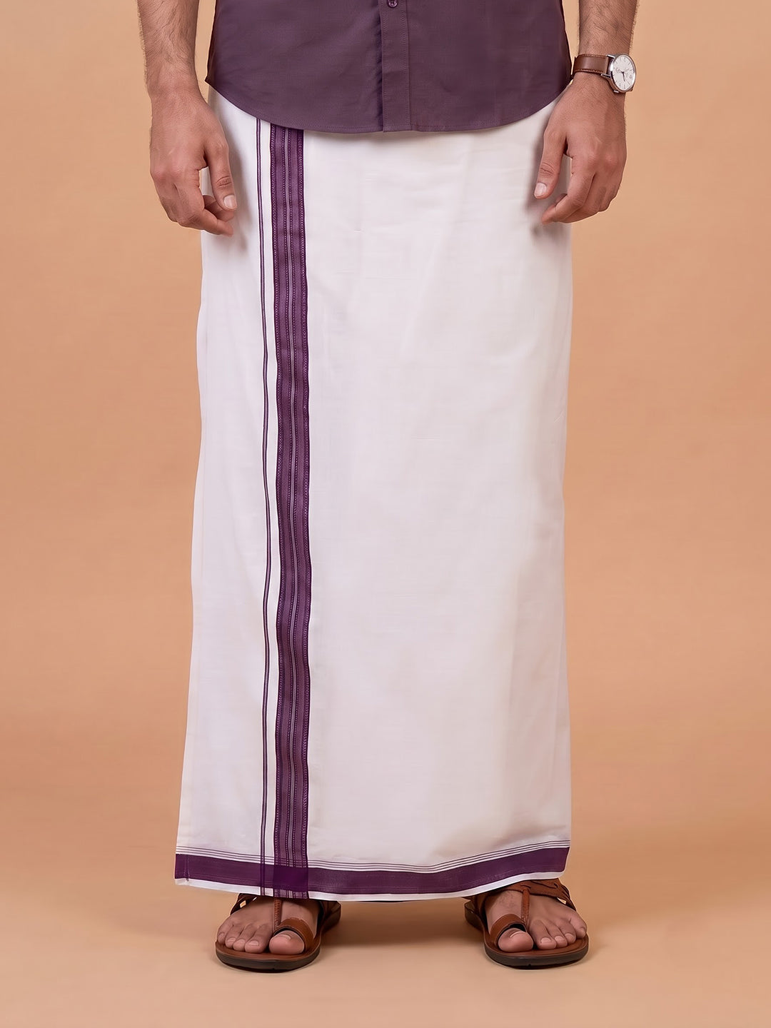 Double Layer Giza Cotton White Dhoti with Colour Border - AGF02