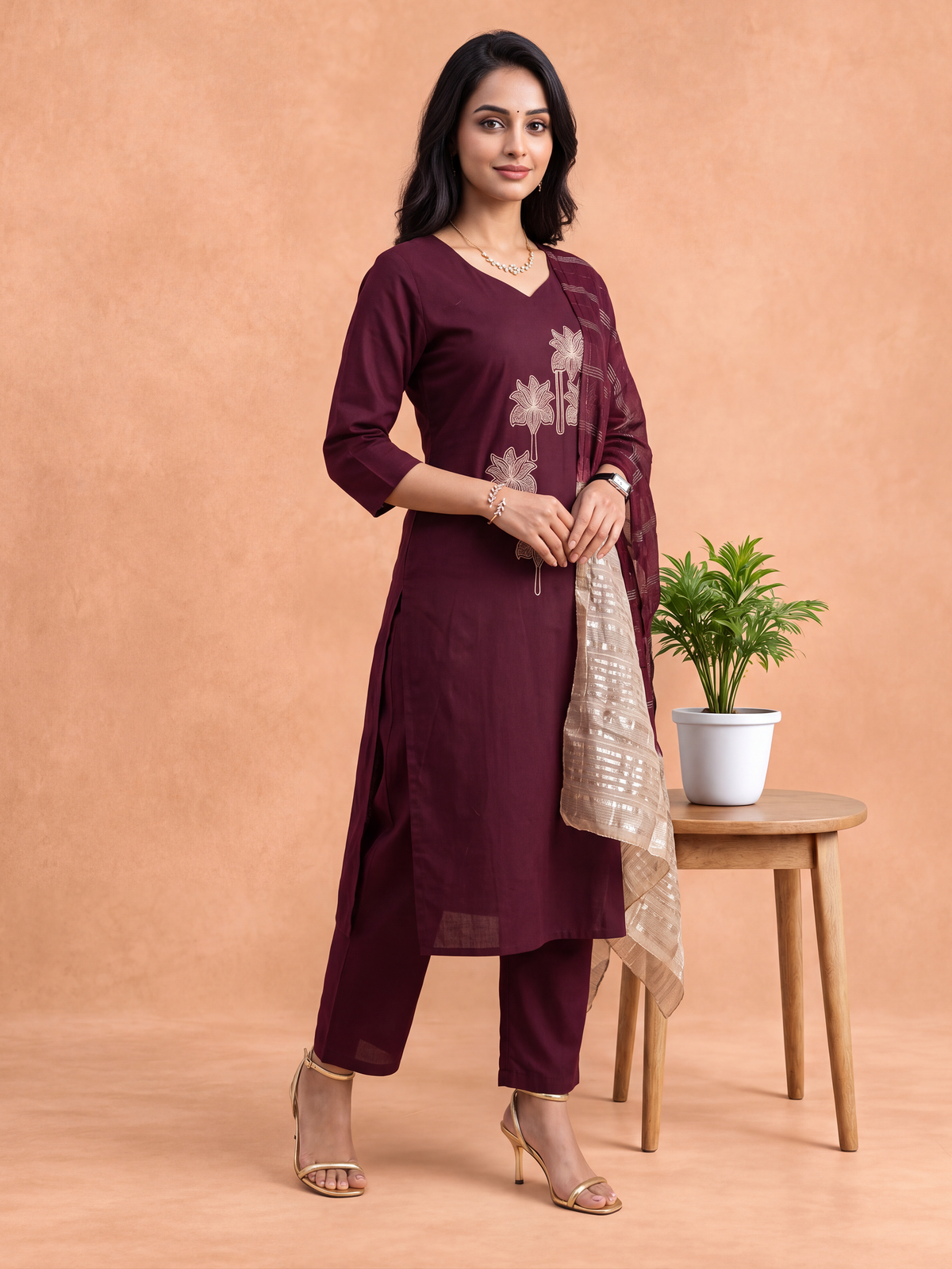Women Embroidered Maroon Kurti Set EKS155