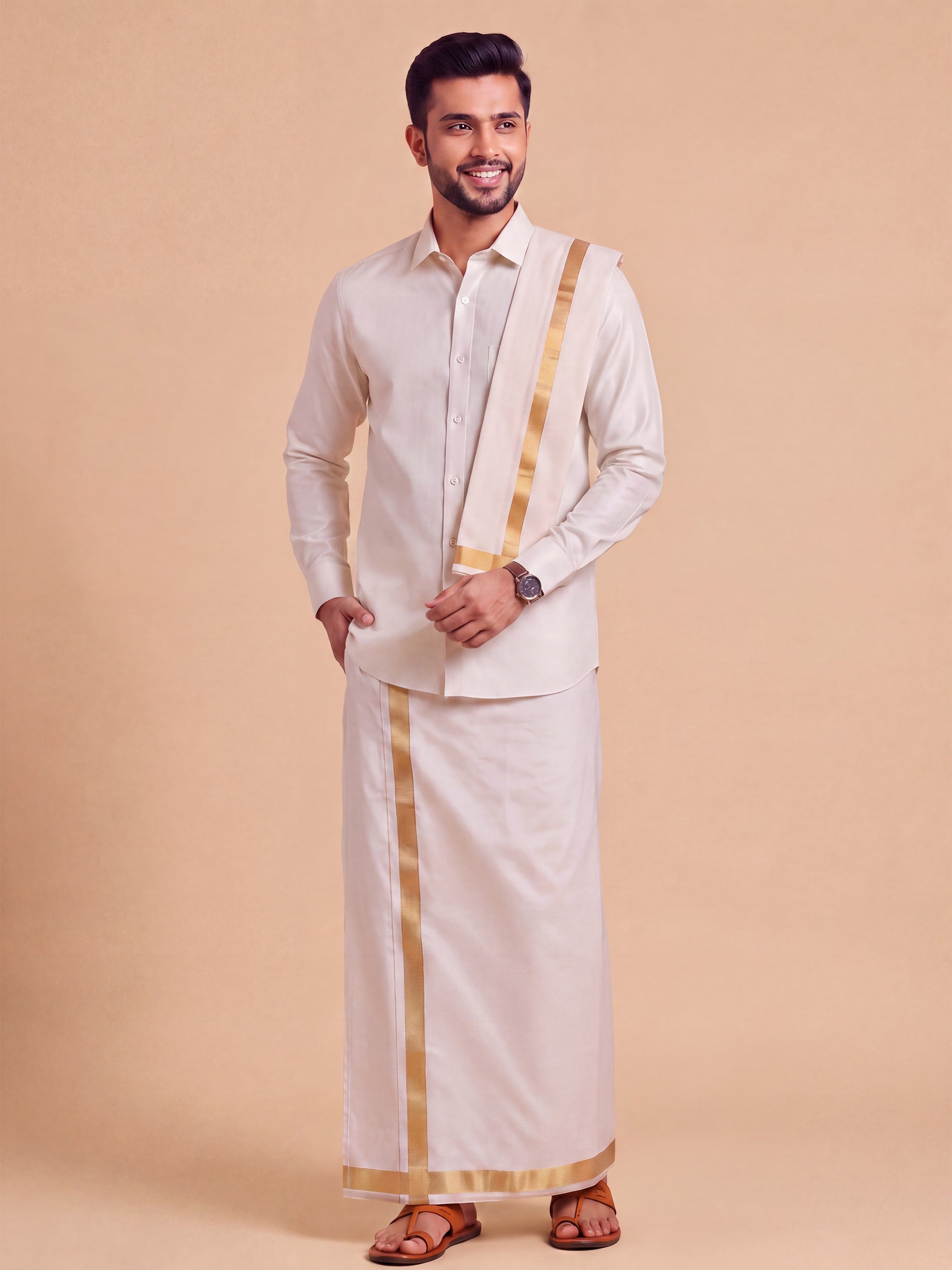 Tissue Antique Gold Shirt Dhoti & Towel (3-in-1)Set