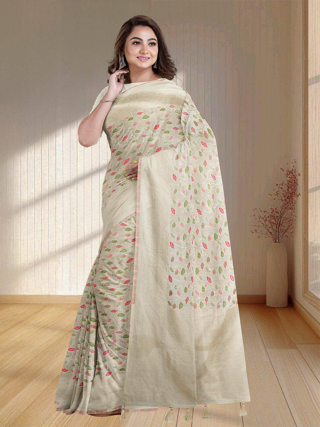 Women Cream Art Silk Embroidered Saree ASS33
