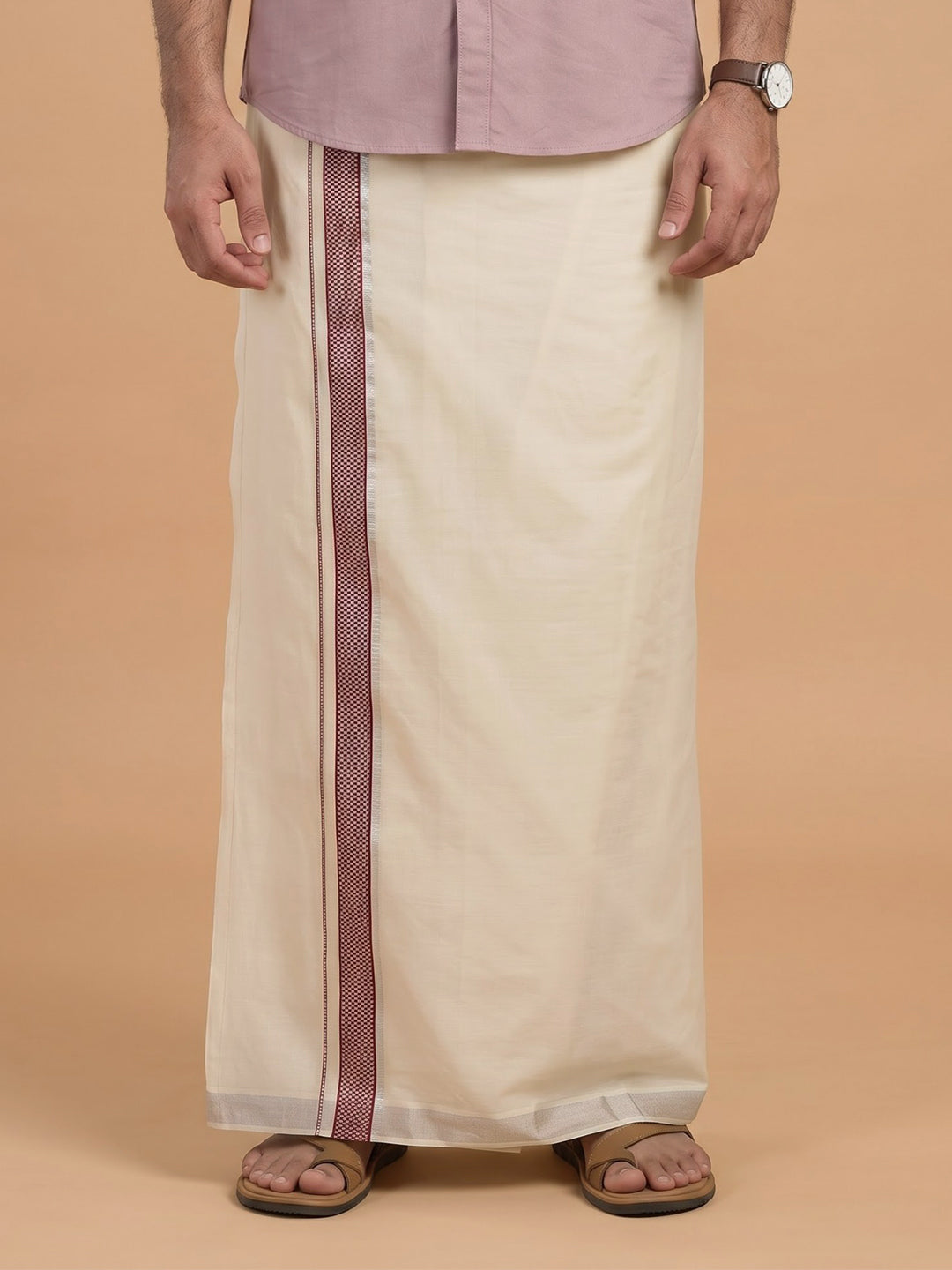 Double Layer Giza Cotton Cream Kora Dhoti with Colour Jari Border - LC38