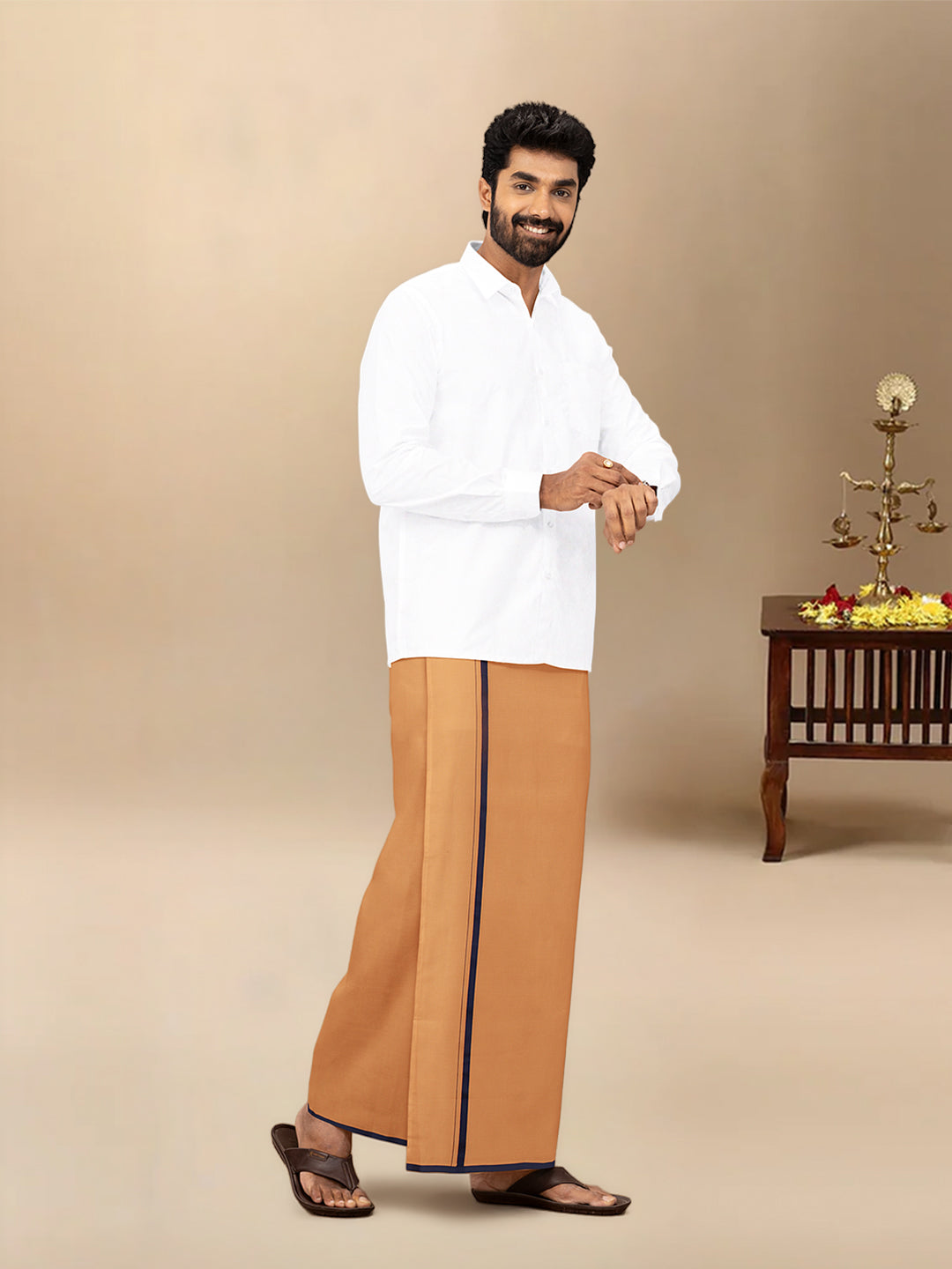 Men Cotton Blend Single Layer Kaavi Dhoti & Towel Set with Navy Border Poojan