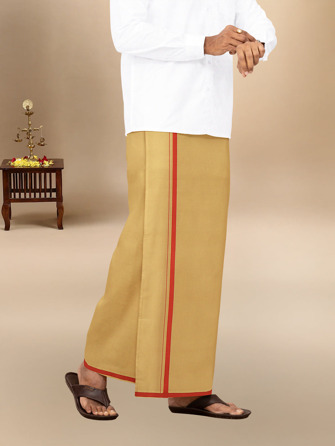 Men 100% Cotton Single Layer Kakki Dhoti with Big Border Poojan
