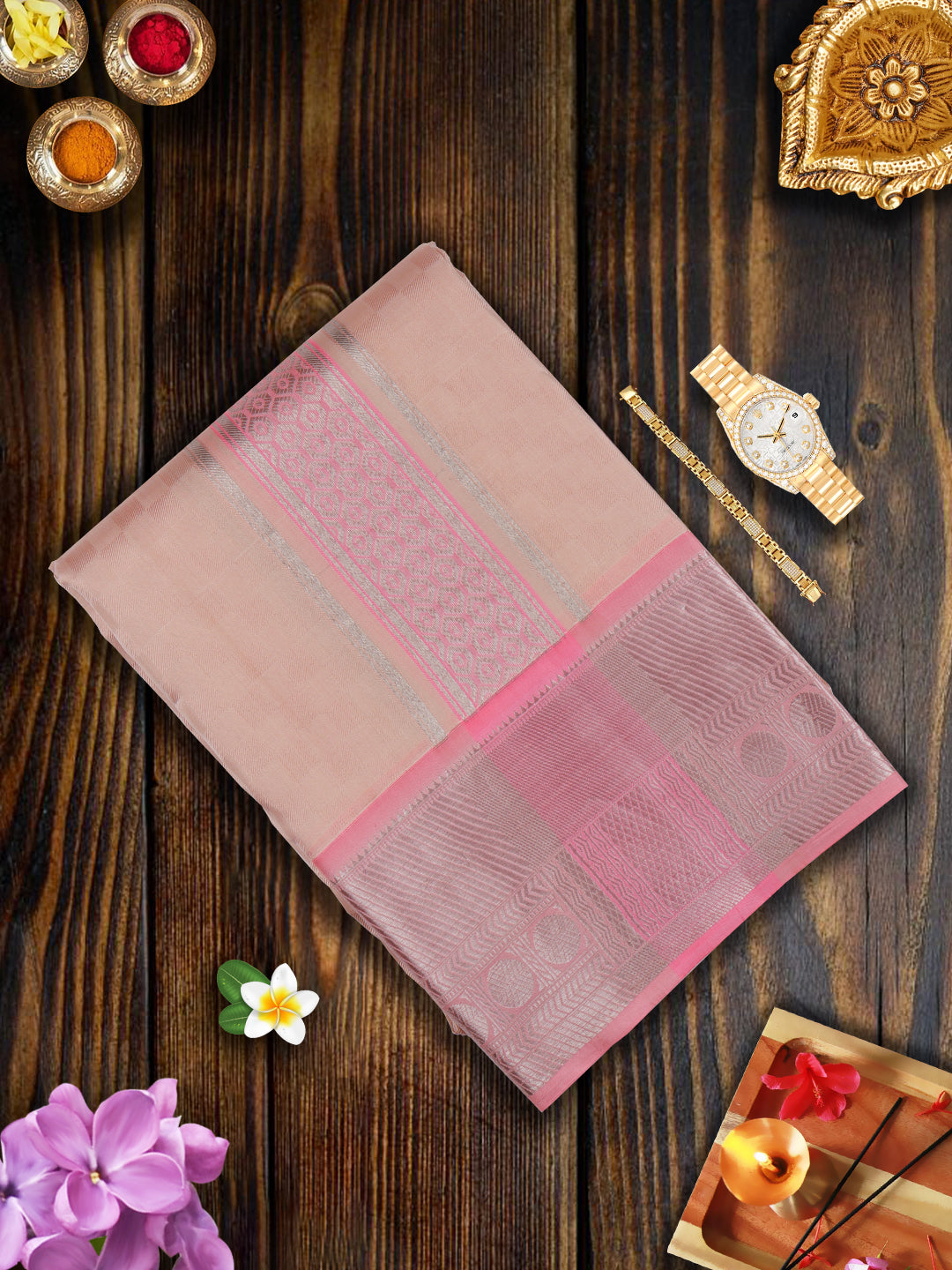 Pure Silk Copper Embossed 4" Pink Jari Border Dhoti With Angavastram Thirukalyan