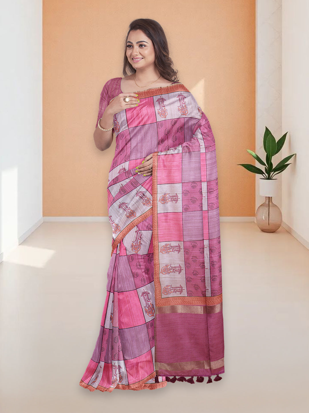 Women Pink Semi Tussar Printed Saree ST295