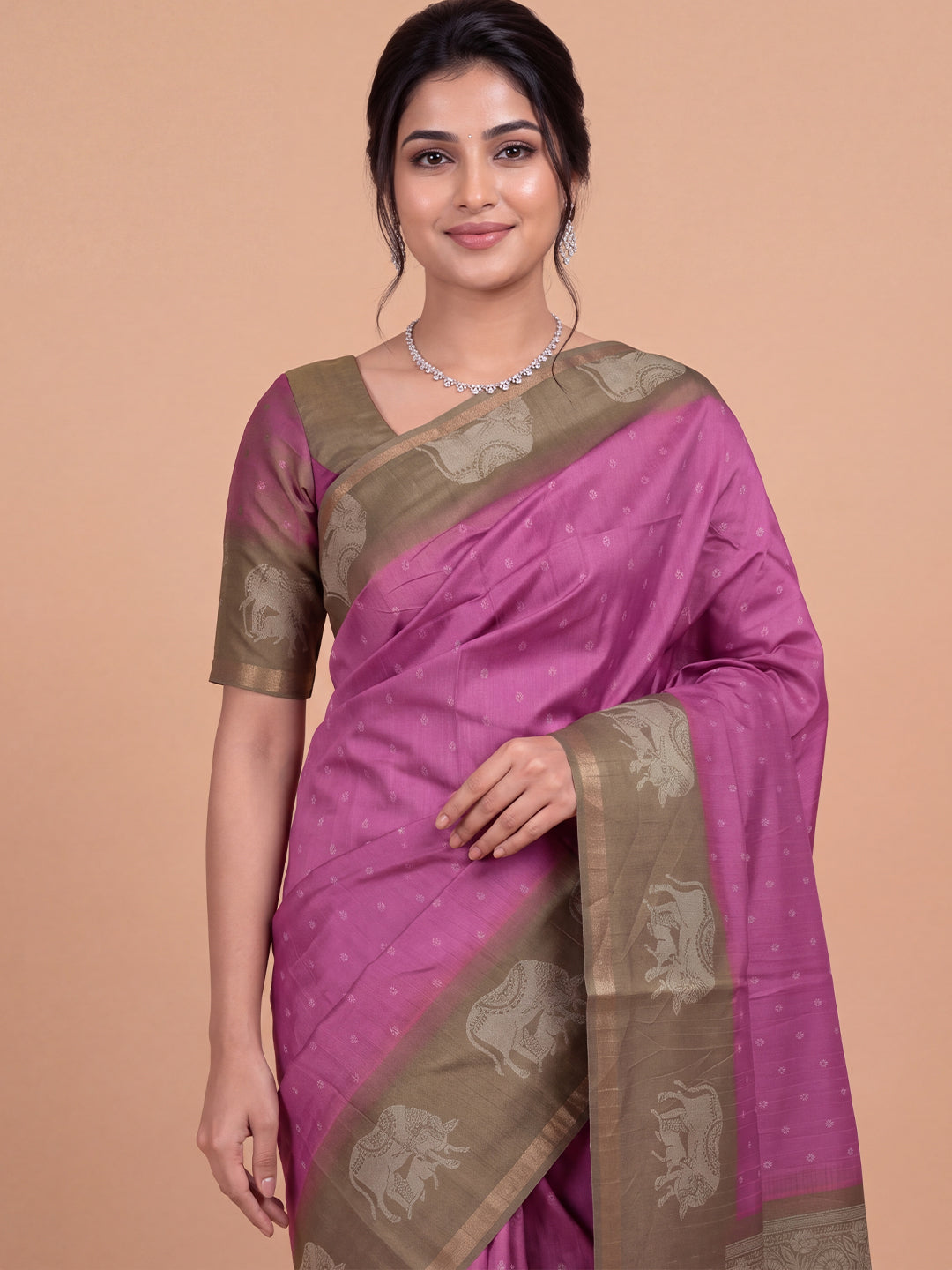 Women Semi Raw Silk Pink with Olive Green Fancy Printed Saree SRS127