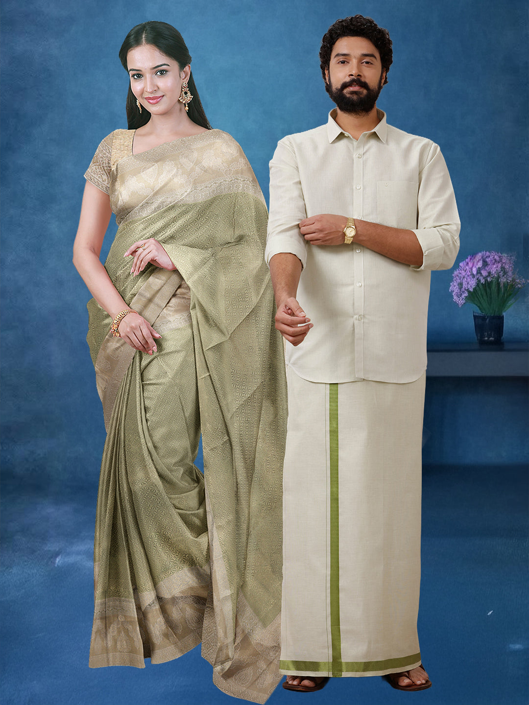 Couple Combo Shirt & Dhoti Set with Saree Moss Green MG