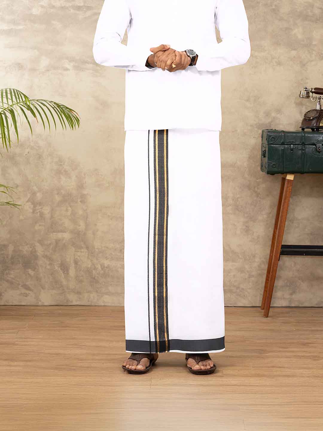 Men Cotton Blend Double Layer White Dhoti with Fancy Jari Border TGJF04