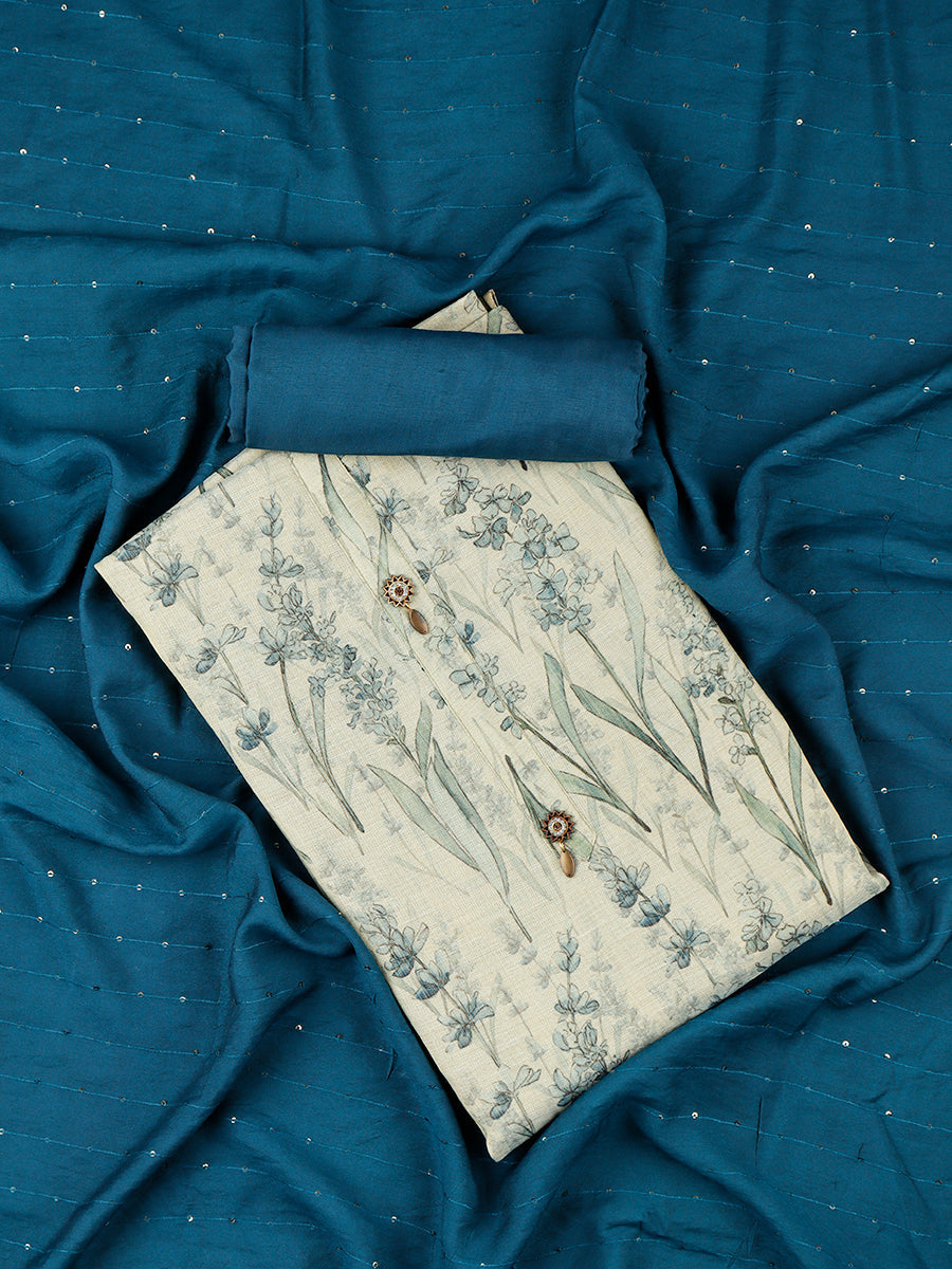 Women Green & Blue Flower Digital Print Unstitched Semi Raw Silk Cotton Dress Material DM107
