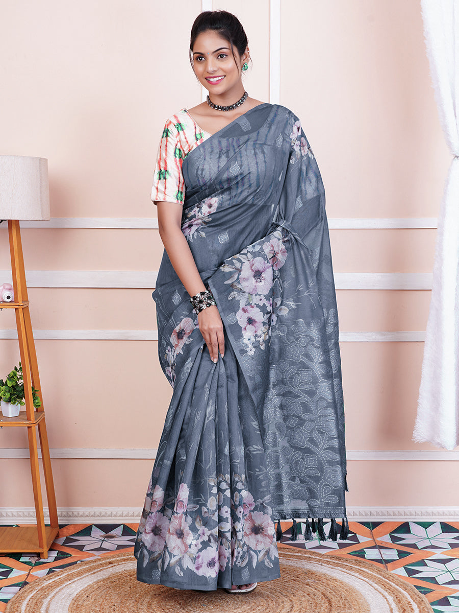 Womens Chanderi Cotton Printed Saree Grey SC04