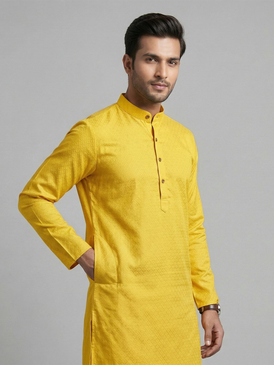 Cotton Medium Length Self Design Pocket Kurta Yellow D3