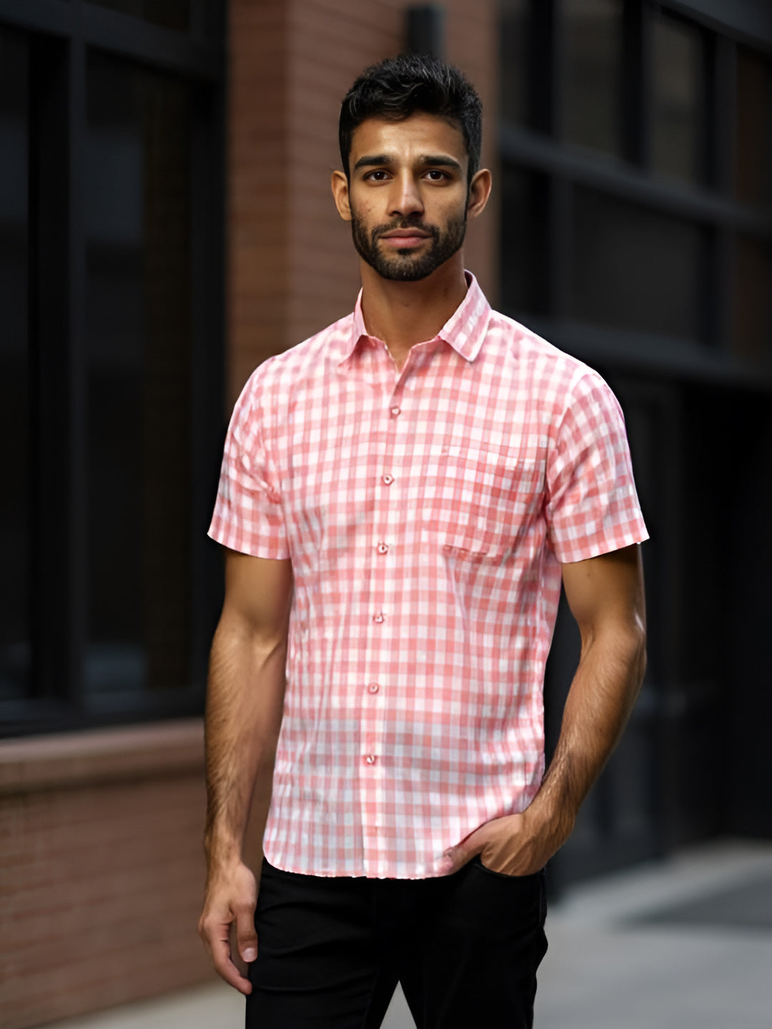 Men Pure Linen Checked Shirt Pink LS2