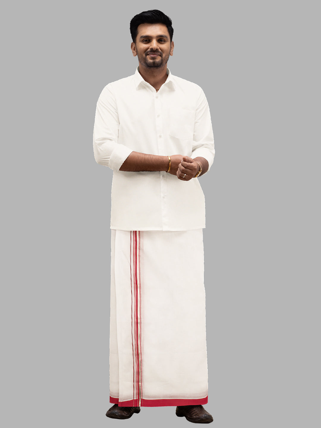 Men Red Fancy Jari Border Double Layer White Dhoti RG03