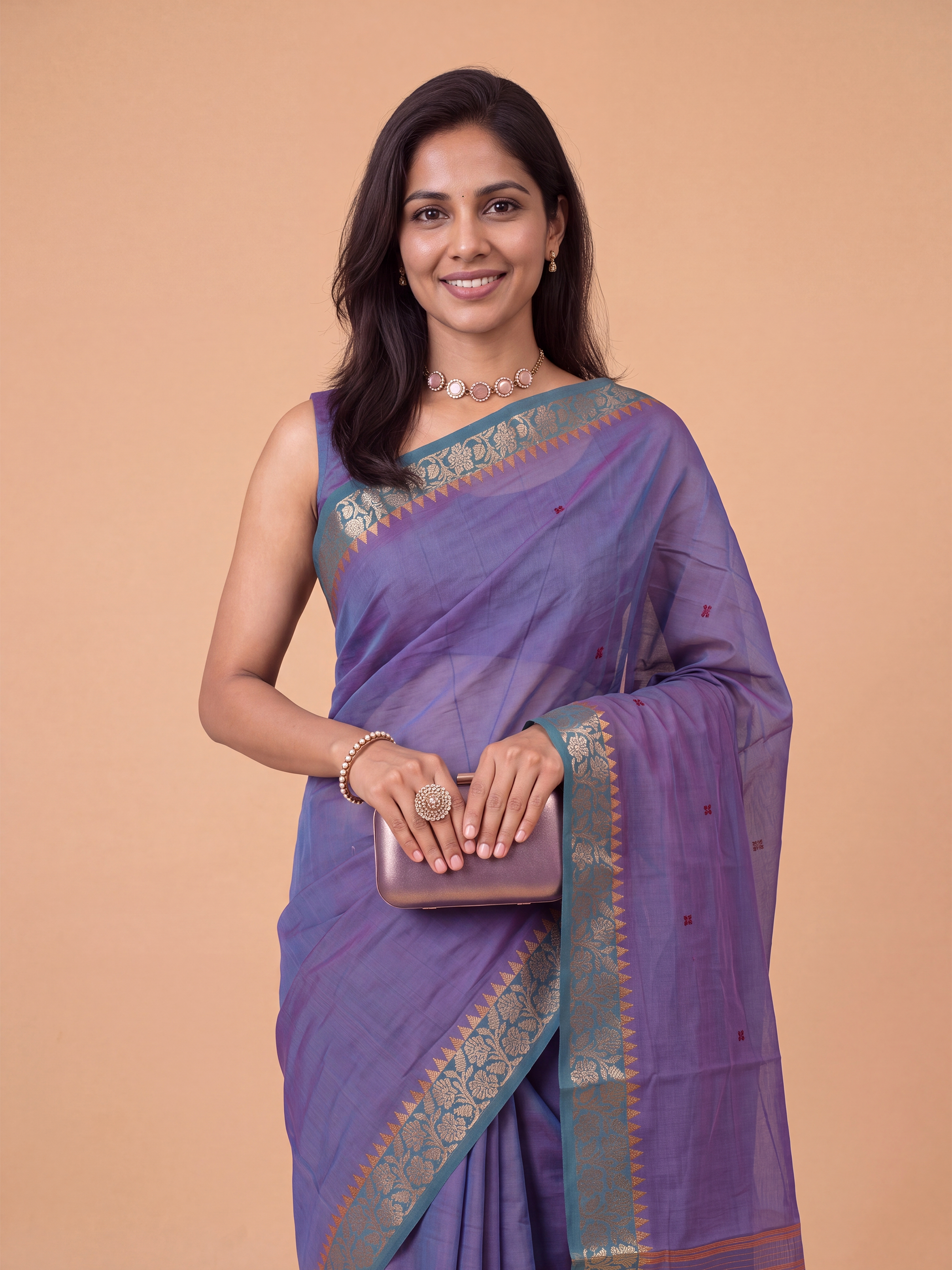 Women Chettinad Cotton Checks Violet Saree CCS05